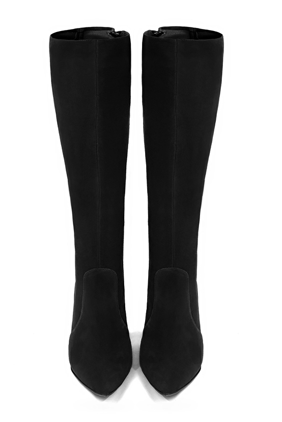 Matt black women's feminine knee-high boots. Tapered toe. Very high slim heel. Made to measure. Top view - Florence KOOIJMAN